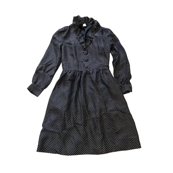 Vintage 1990's J. Crew Babydoll Black White Polka Dot Ruffle Long Sleeve Dress 0 - Picture 1 of 14
